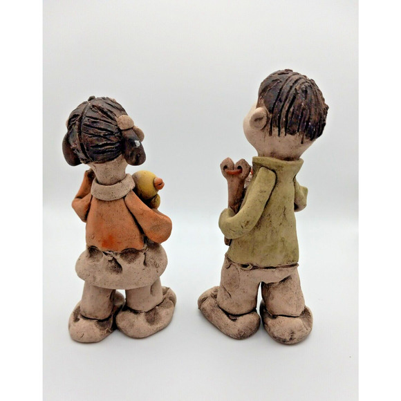 Bonsan Japanese Earthenware Girl & Boy Unglazed Pottery- Vintage Handmade - Picture 2 of 12